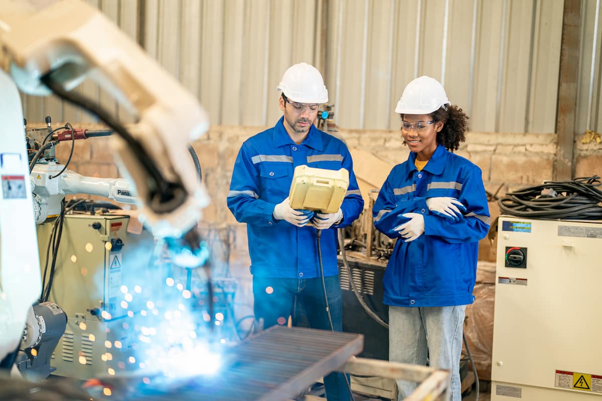Two manufacturing technicians operating machinery